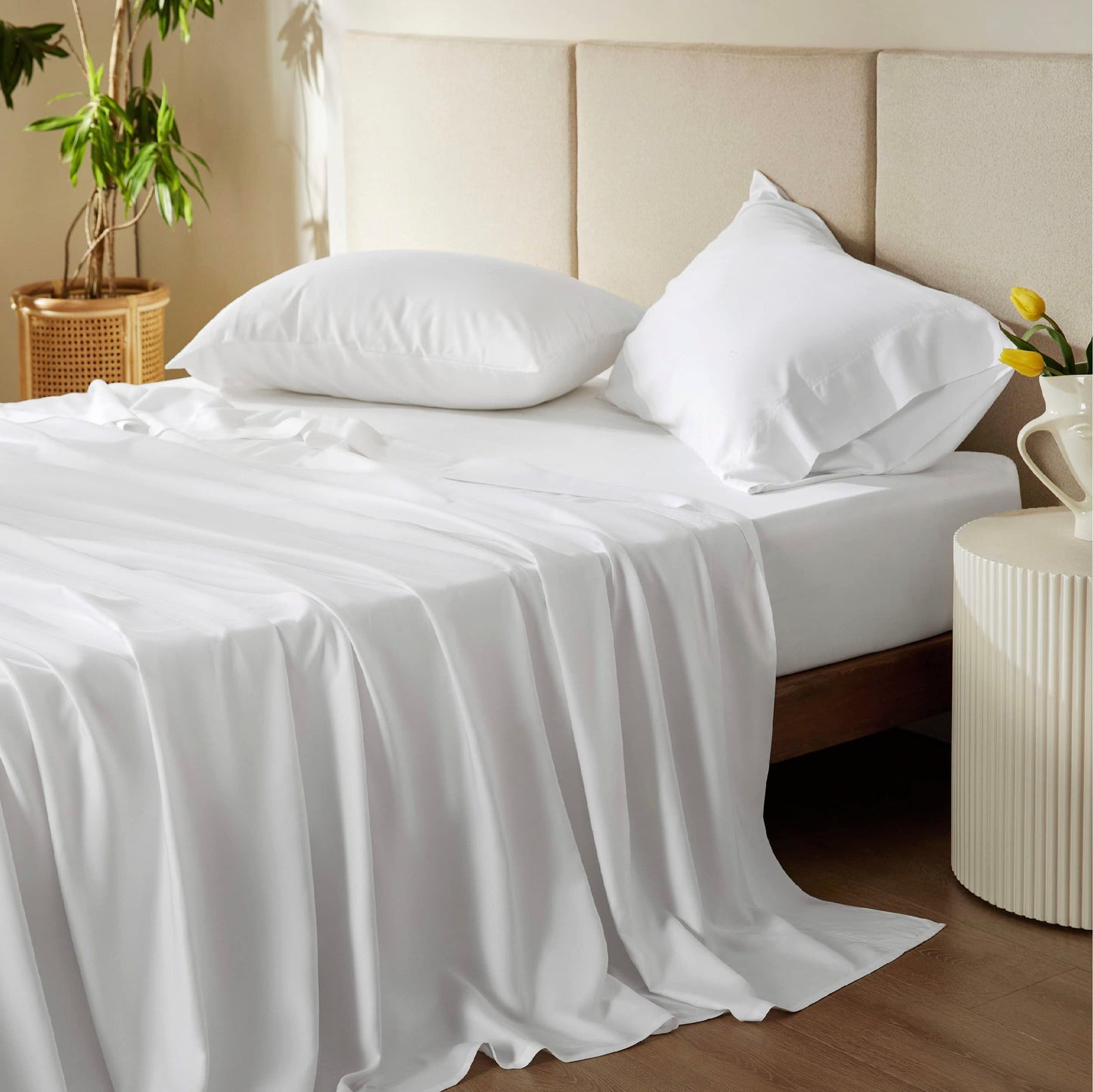 Bedsure Twin Sheets Set, Cooling Sheets Twin Size Bed Set, Rayon Derived from Bamboo, Twin Size Sheets, Breathable & Soft Bed Sheets, Hotel Luxury Silky Bedding Sheets & Pillowcases, White