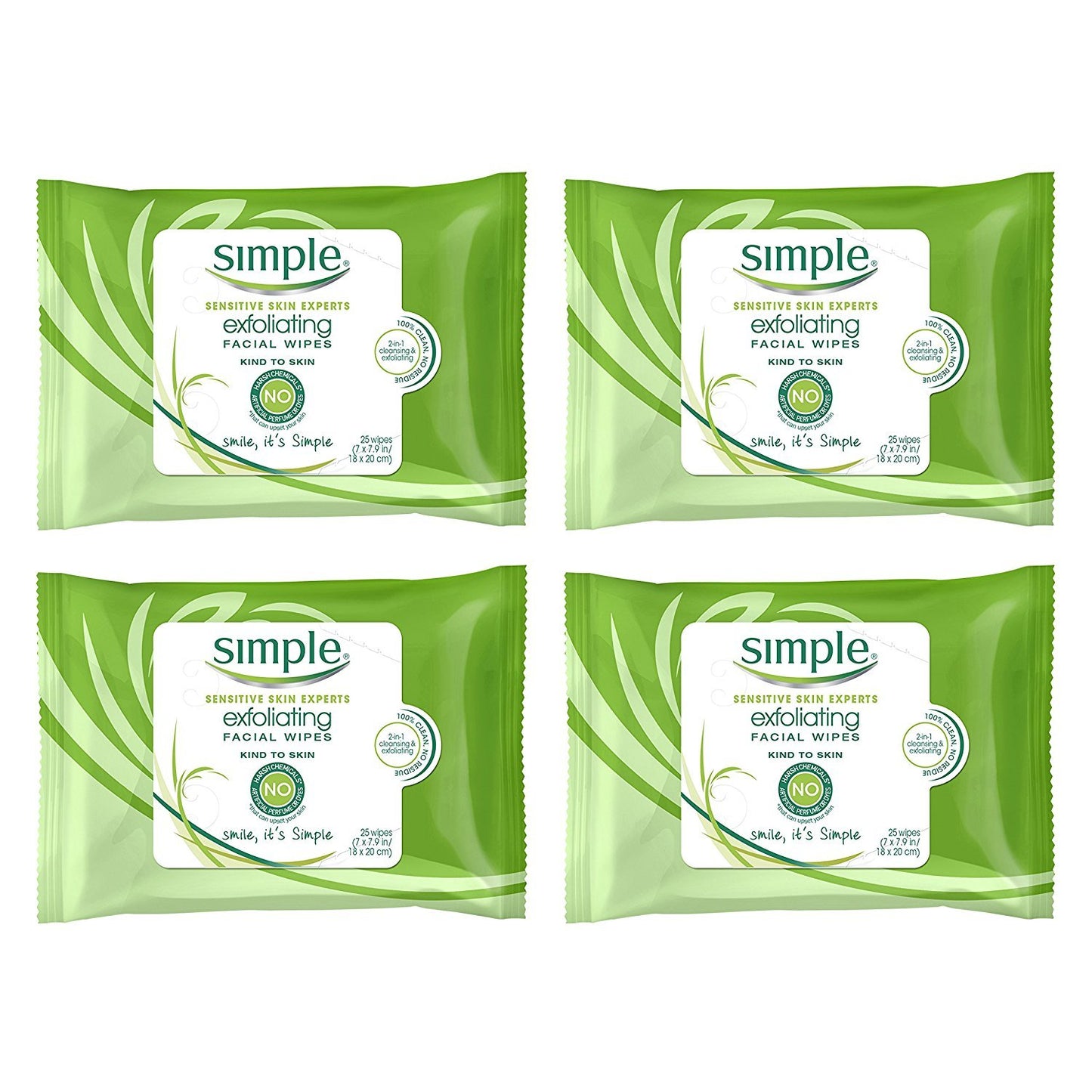 Simple Kind to Skin Cleansing Wipes Gentle and Effective Makeup Remover Exfoliating Free from color and dye, artificial perfume and harsh chemicals, 25 Count (Pack of 4)