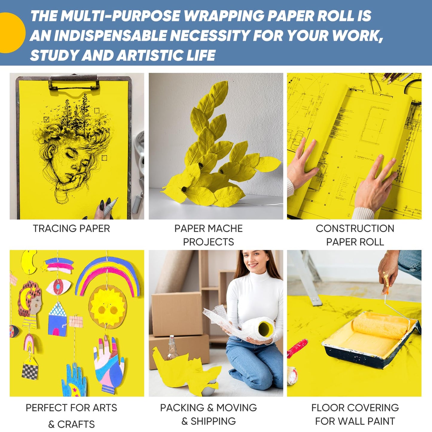 Wrapping Paper, Craft Paper Roll 15"x300", Kraft Packing Paper for Moving Supplies, Poster Bulletin Board Paper Roll, Father's Day Birthday Gifts Wrap for Men, Yellow Arts Crafts Bouquet Flower Wrap