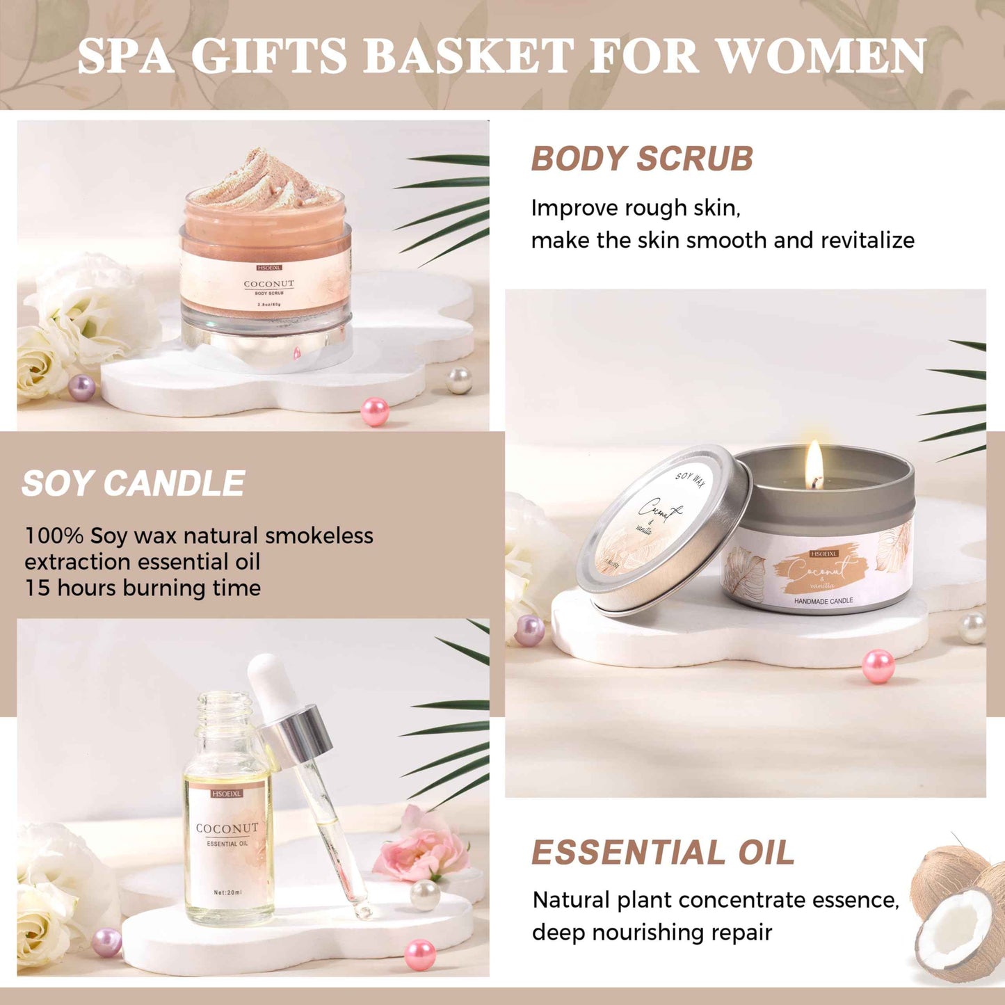 Gifts for Women Bath and Body Gift Basket Set for Women, 12 Piece Set of Coconut Home Spa Set for Self Care, Mothers Day Relaxing Bath Sets Birthday Christmas Gifts for Mom Sister Her Wife