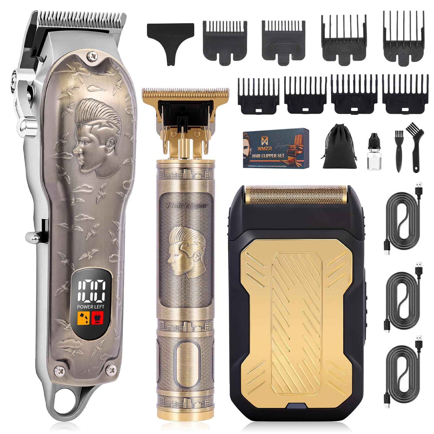 Professional Hair Clipper Set, Men's Hair Clipper, T-Shaped sideburn Trimmer, Electric Shaver, Beauty Salon kit for Hair Cutting and Shaving. (Gold)