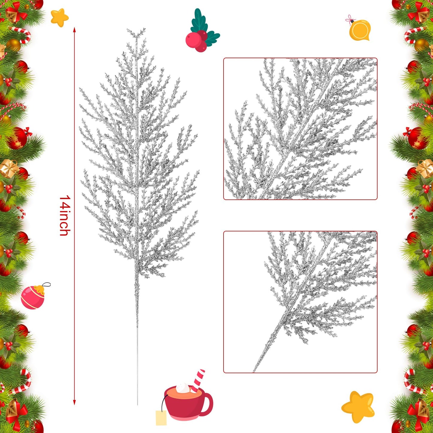 Sinmoe 80 Pcs Christmas Large Artificial Pine Needles Glitter Artificial Pine Branches 14'' Artificial Greenery Stems Decorative Faux Tree Branches for Xmas Wreath Home Party Decor(Silver)