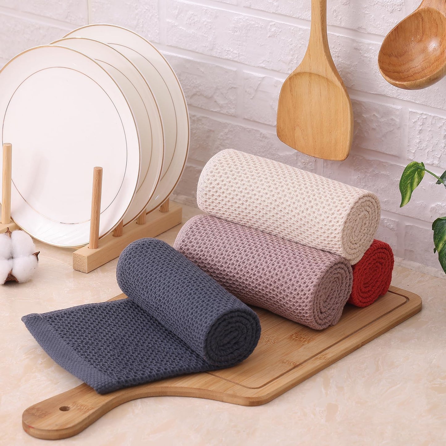 Kitinjoy 100% Cotton Kitchen Towels and Dishcloths Set, 8 Pack Waffle Weave Dish Towels Ultra Soft Absorbent Quick Drying Dish Rags, 13 x 28 Inch and 12 X 12 Inch, Multicolor