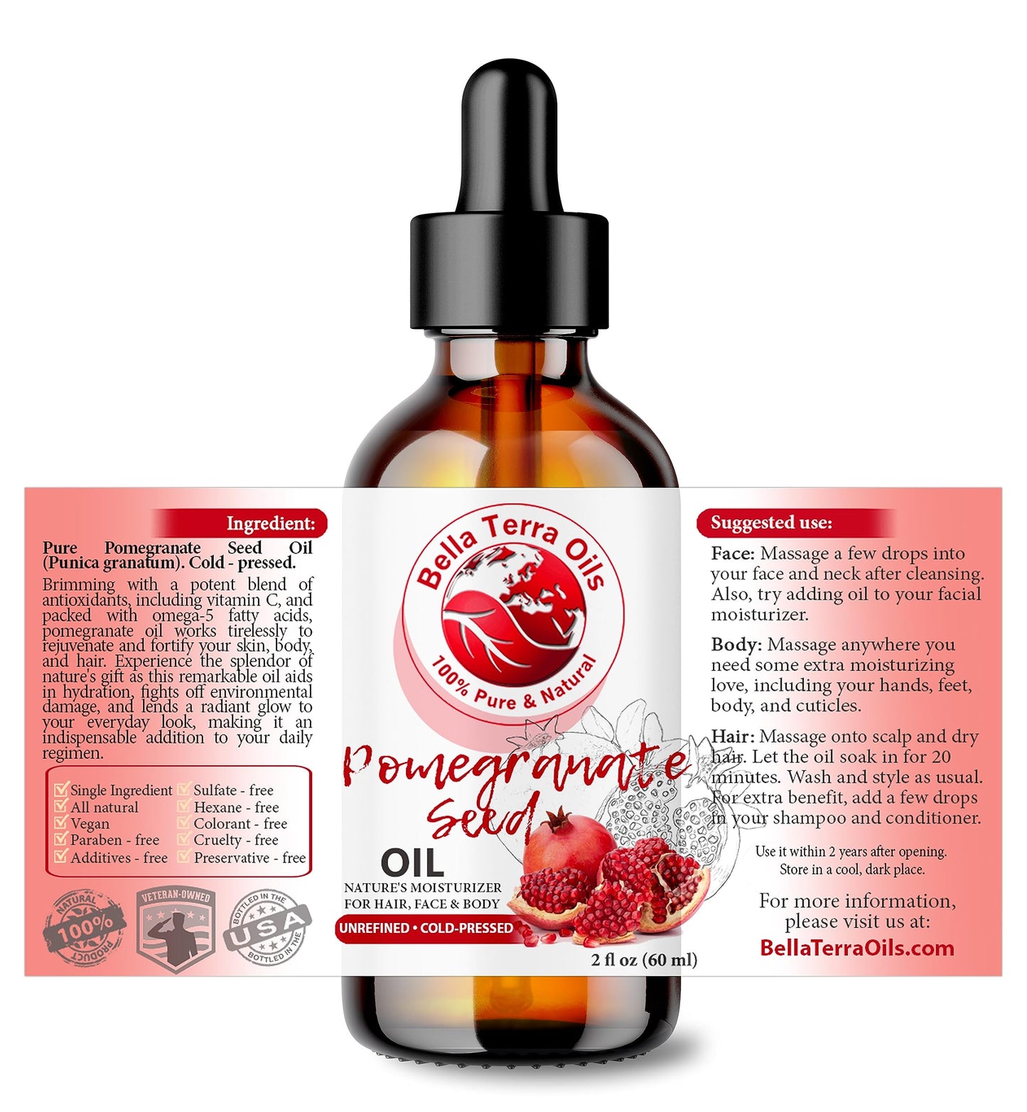 Bella Terra Oils - Organic Pomegranate Seed Oil 2oz - Dive into the Abundant Vitamin K & Omega-5 Benefits, Pure & Untouched, A Skin's Delight