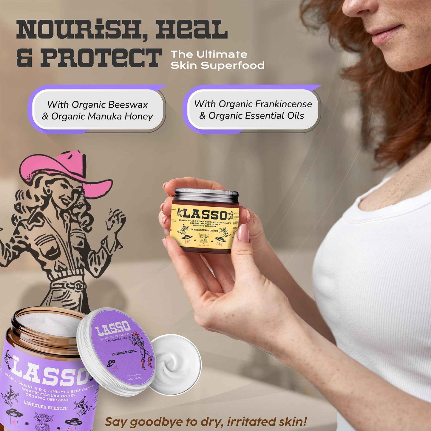 LASSO Beef Tallow Face Moisturizer with Grass-Fed/Finished Beef Tallow for Skin, Organic Manuka Honey and Beeswax, Unscented and Manuka Honey Balm