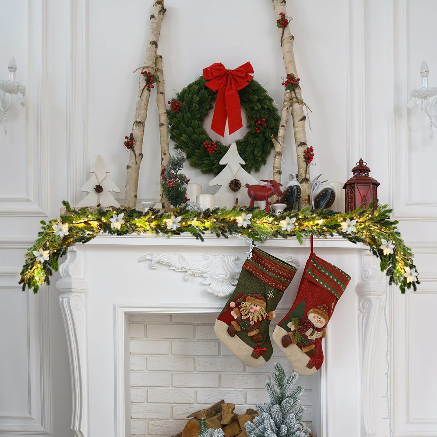 Christmas Garland Decoration with Lights - 9FT 70 LED Lighted Christmas Garland with Pine Cones, Berry Clusters, White Flower, Pine Branches, Leaves, Mixed Decorations for Mantle Fireplace Stairs Door