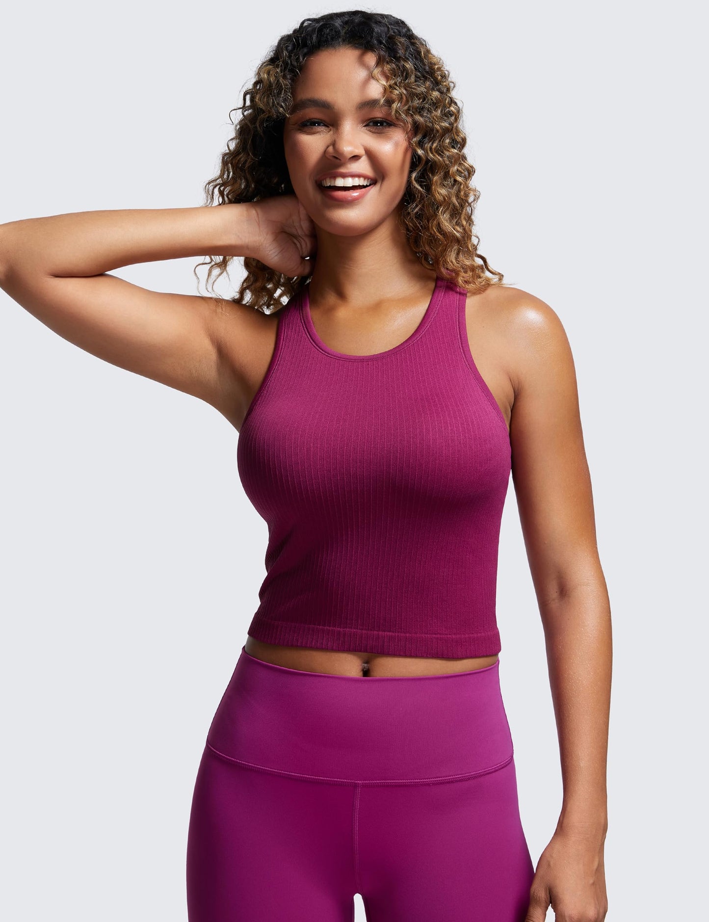 CRZ YOGA Womens Seamless Ribbed Longline High Neck Sports Bra - Racerback Padded Slim Fit Crop Tank Top with Built in Bra Magenta Purple XX-Small