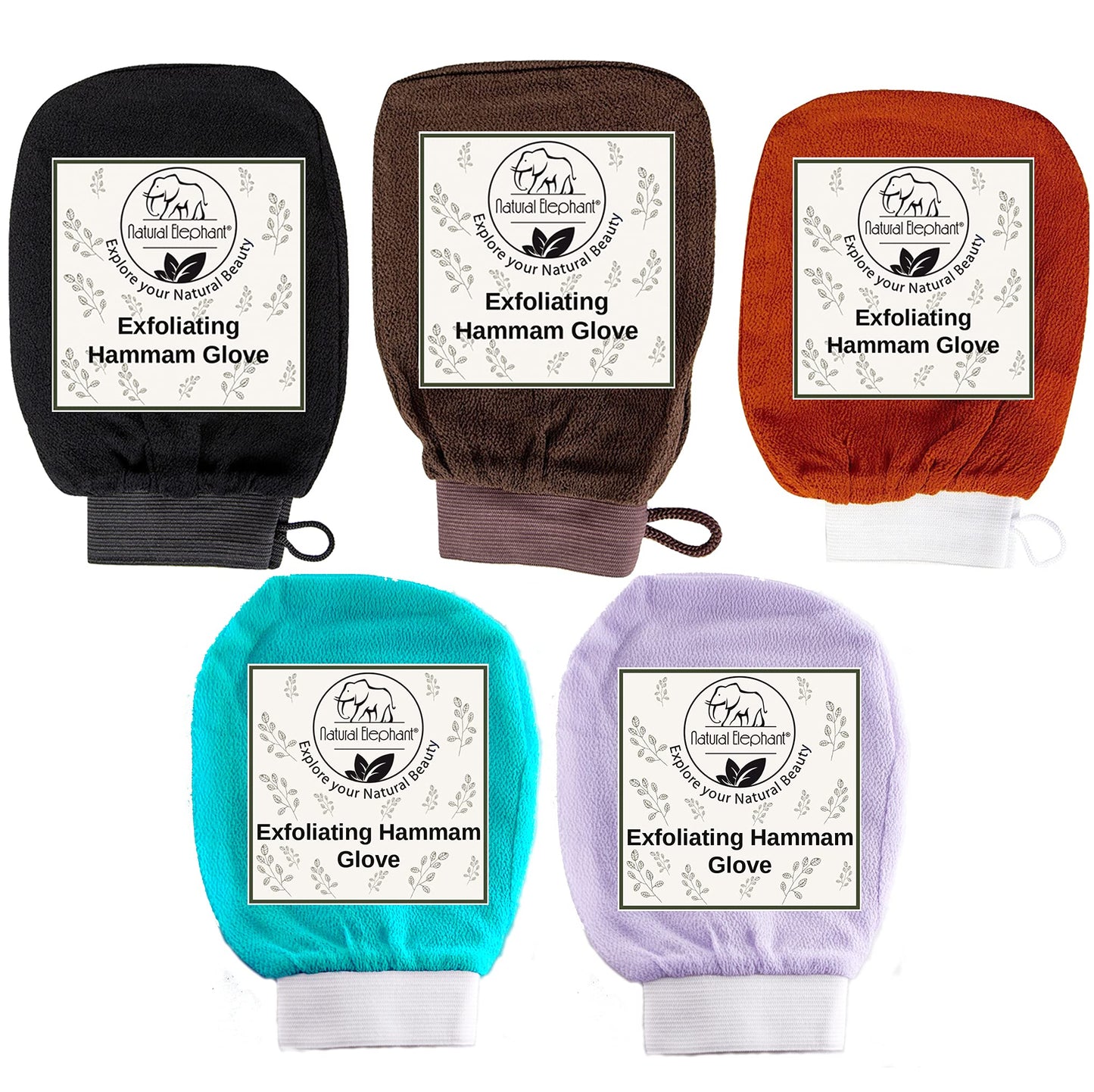 Natural Elephant Exfoliating Hammam Glove (Black, Lilac, Teal, Orange, and Brown (Pack of 5))