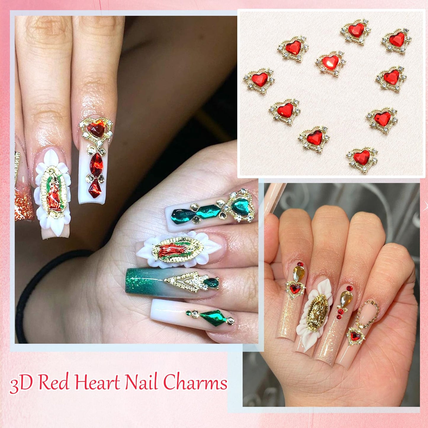 RODAKY Red Heart Nail Charms 10PCS 3D Heart Nail Rhinestones Gold Metal Alloy Nail Art Gems Jewelry for Valentines Manicure Nail Supplies Accessories DIY Crafts Design