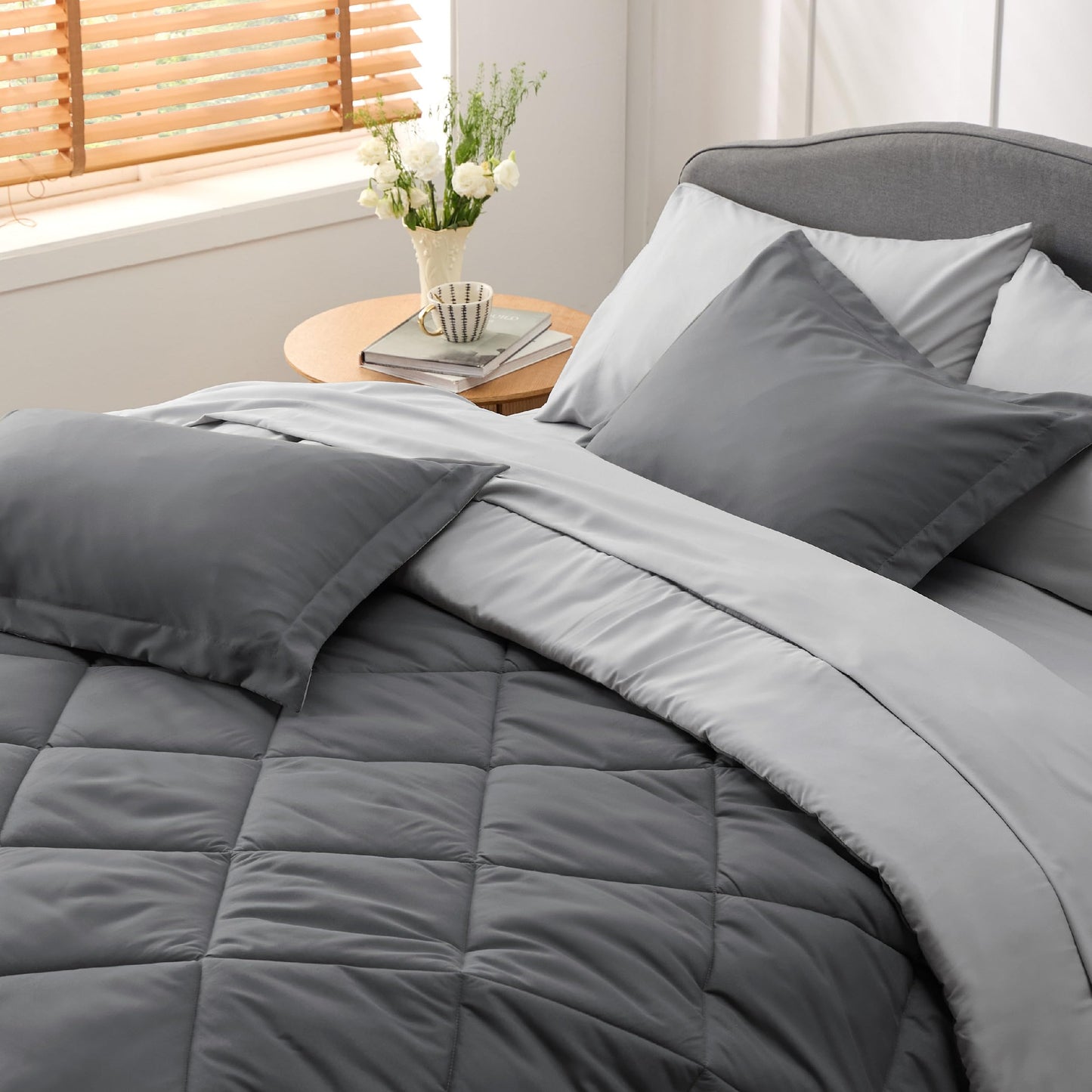 Bedsure Dark Grey Twin Comforter Set - 5 Pieces Reversible Twin Bed in a Bag for College, Extra Long Twin Bed Set Dark Grey with Comforters, Sheets, Pillowcase & Sham