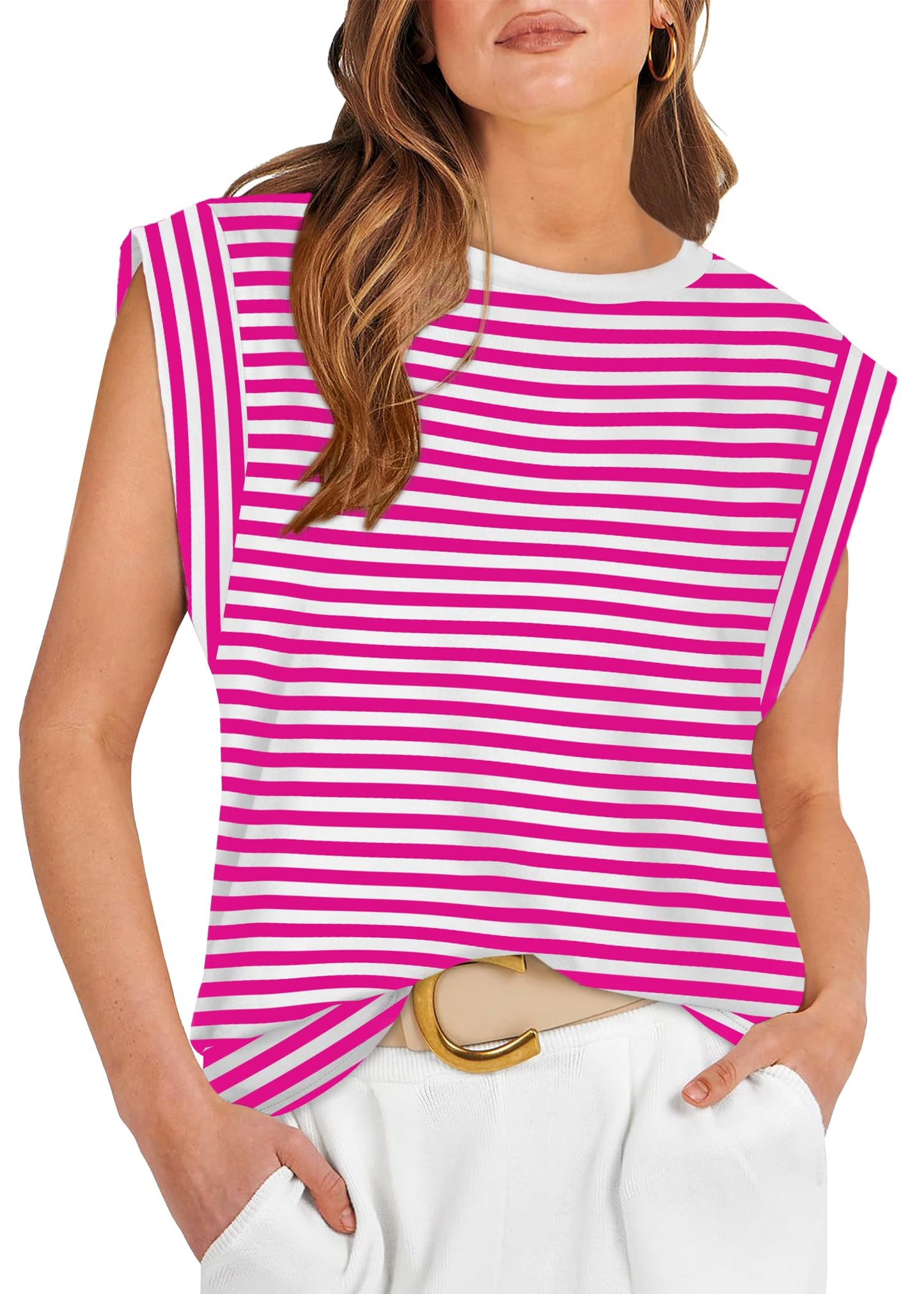 Cute Top for Women Summer Tops 2024 Casual Womens Tank Top Fashion Trendy 2024 Fuchsia Striped S