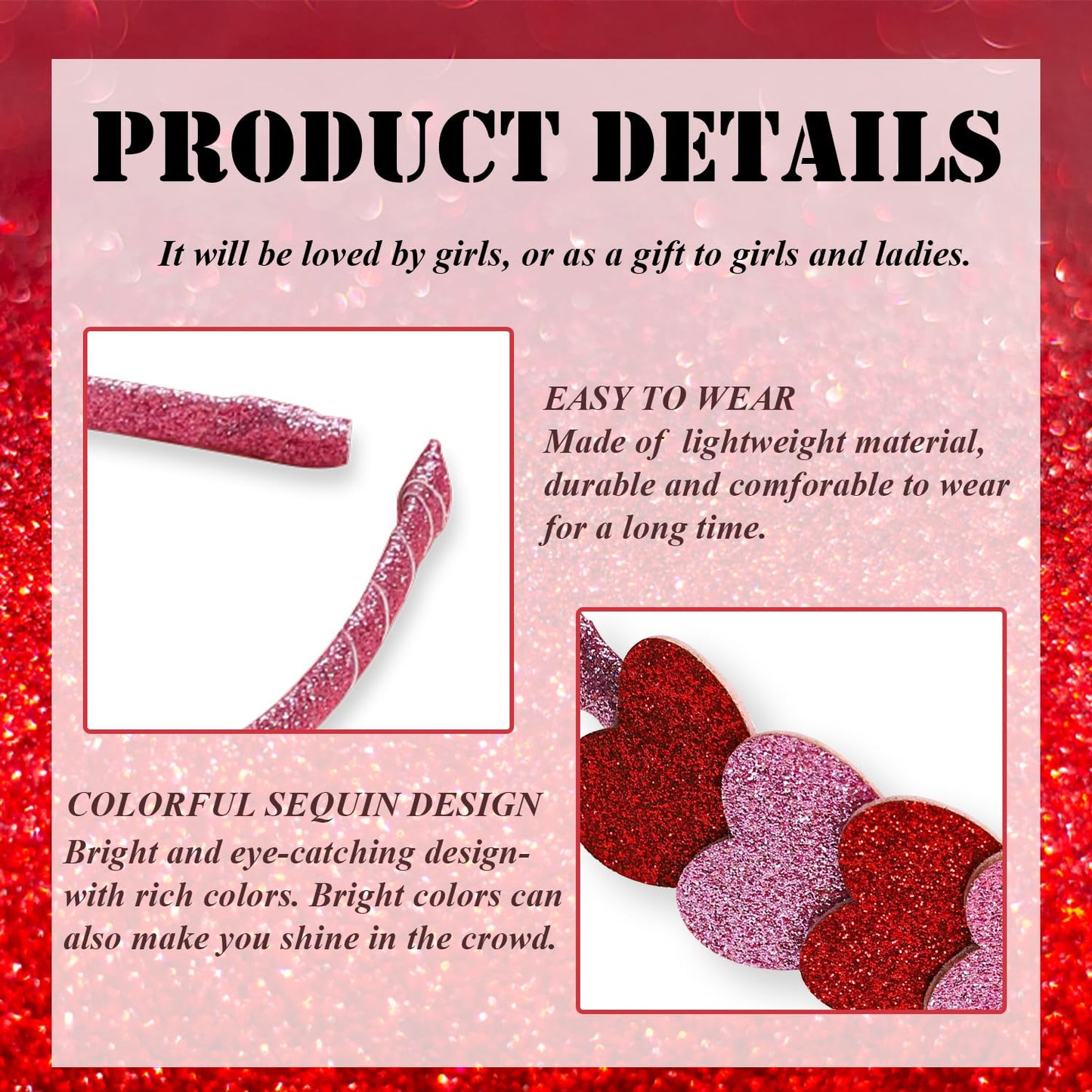 hhdatc Valentines Day Headband,Pink Heart Headbands Red Glitter Hair Accessoires for Girls Women