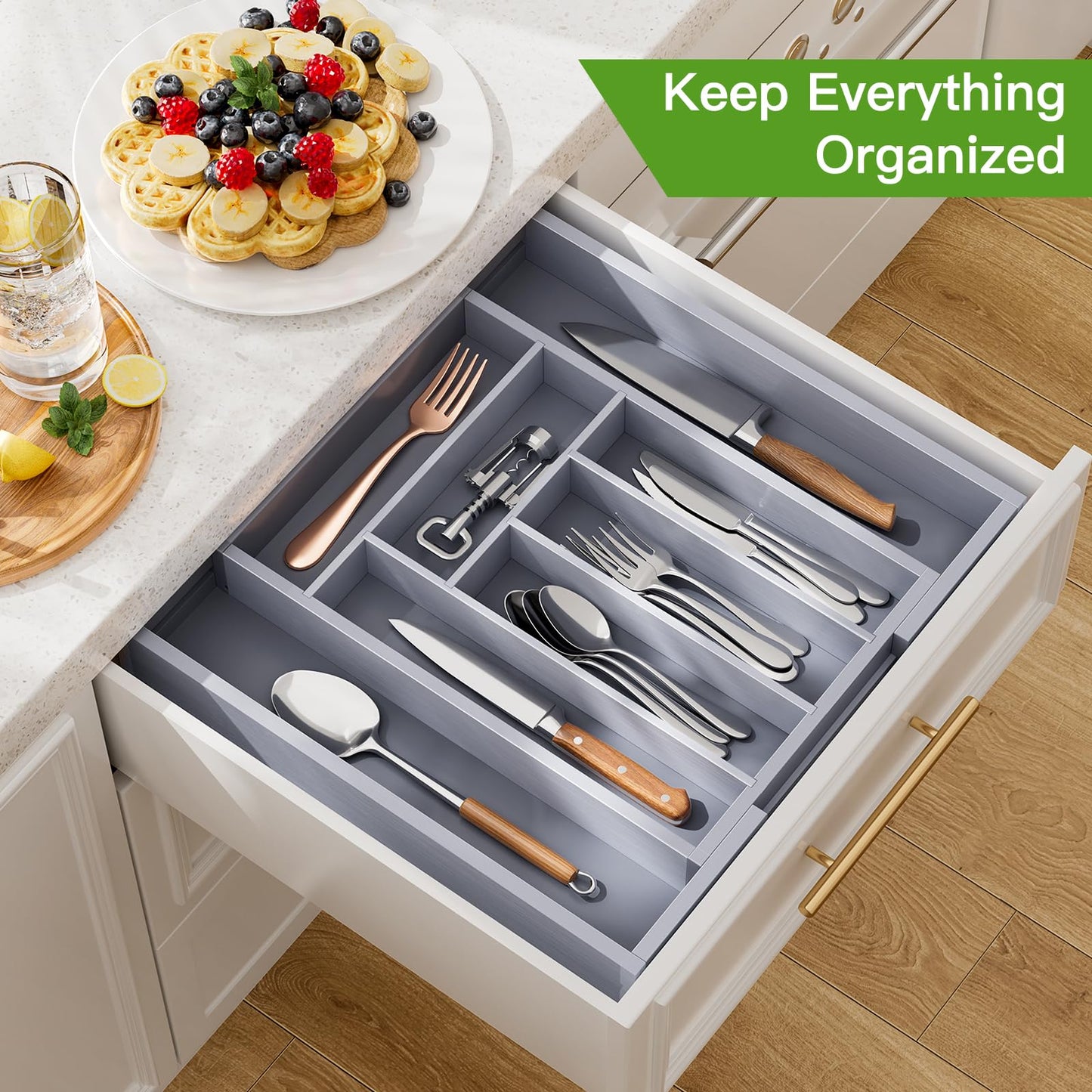 Pipishell Bamboo Expandable Drawer Organizer for Utensils Holder, Adjustable Cutlery Tray, Wood Drawer Dividers Organizer for Silverware, Flatware, Knives in Kitchen, Bedroom, Living Room(M-Grey)