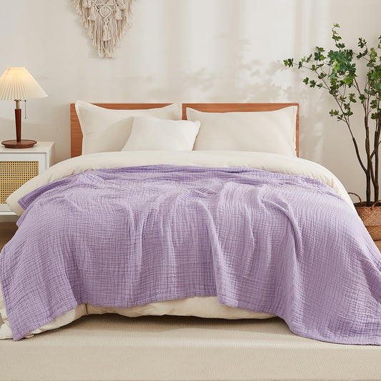 EMME Cotton Blanket Queen Size for Bed Soft Large Muslin Bed Blankets 80"x90" Lightweight Breathable Blanket All Season Gauze Blanket, Lavender