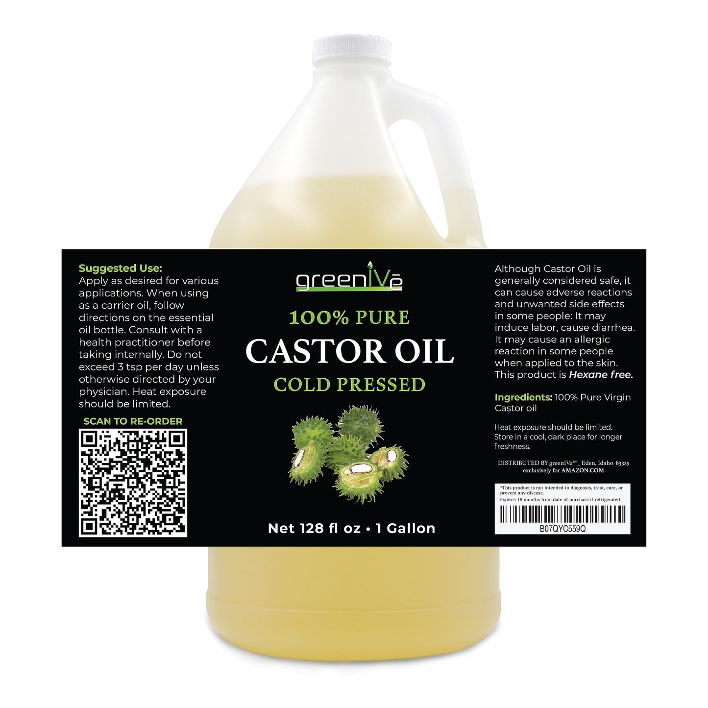 GreenIVe Castor Oil Organically Grown 100% Pure 128oz (1 Gallon) Bottle Cold Pressed, Hexane Free, Eyelash and Eybrow Growth Serum, Skin Moisturizer Detox and Wraps