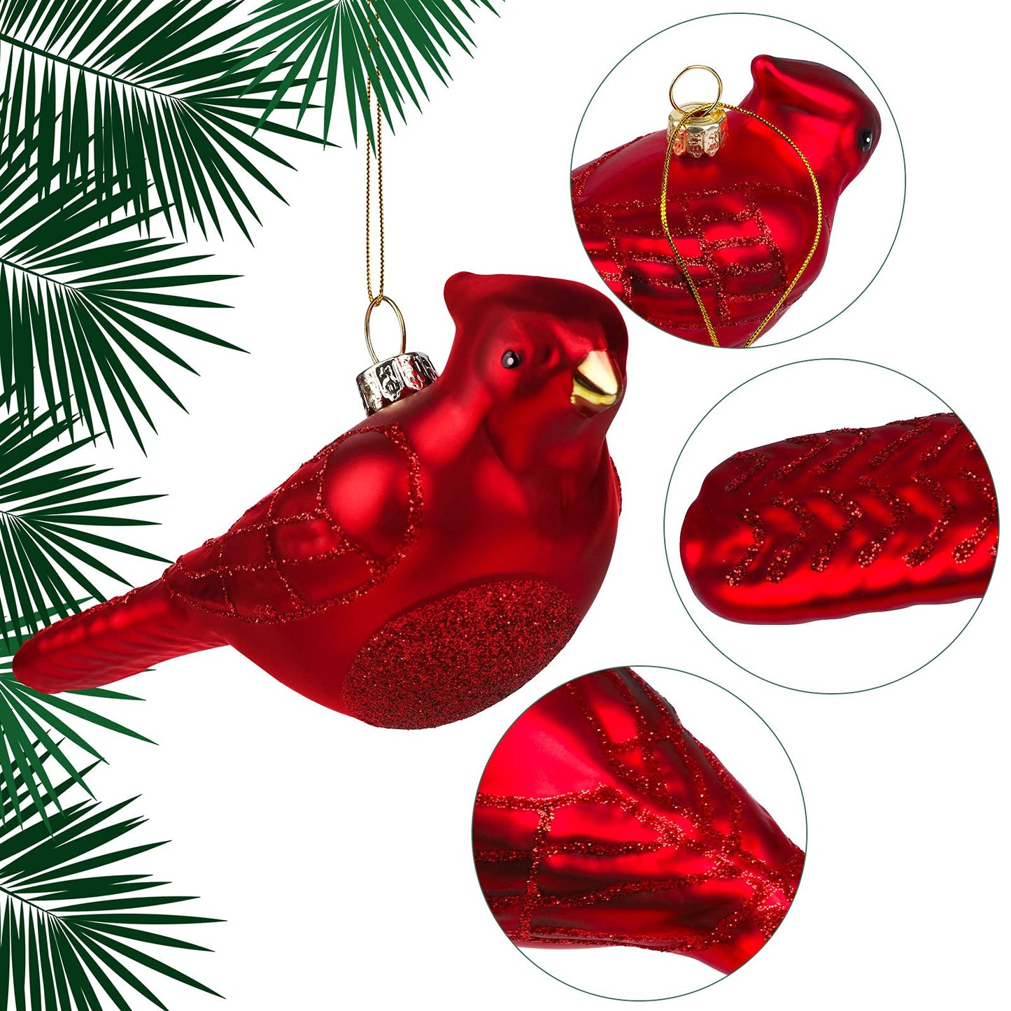 Elcoho Christmas 4 Pack Red Bird Glass Blown Ornaments for Christmas Tree, Northern Cardinal