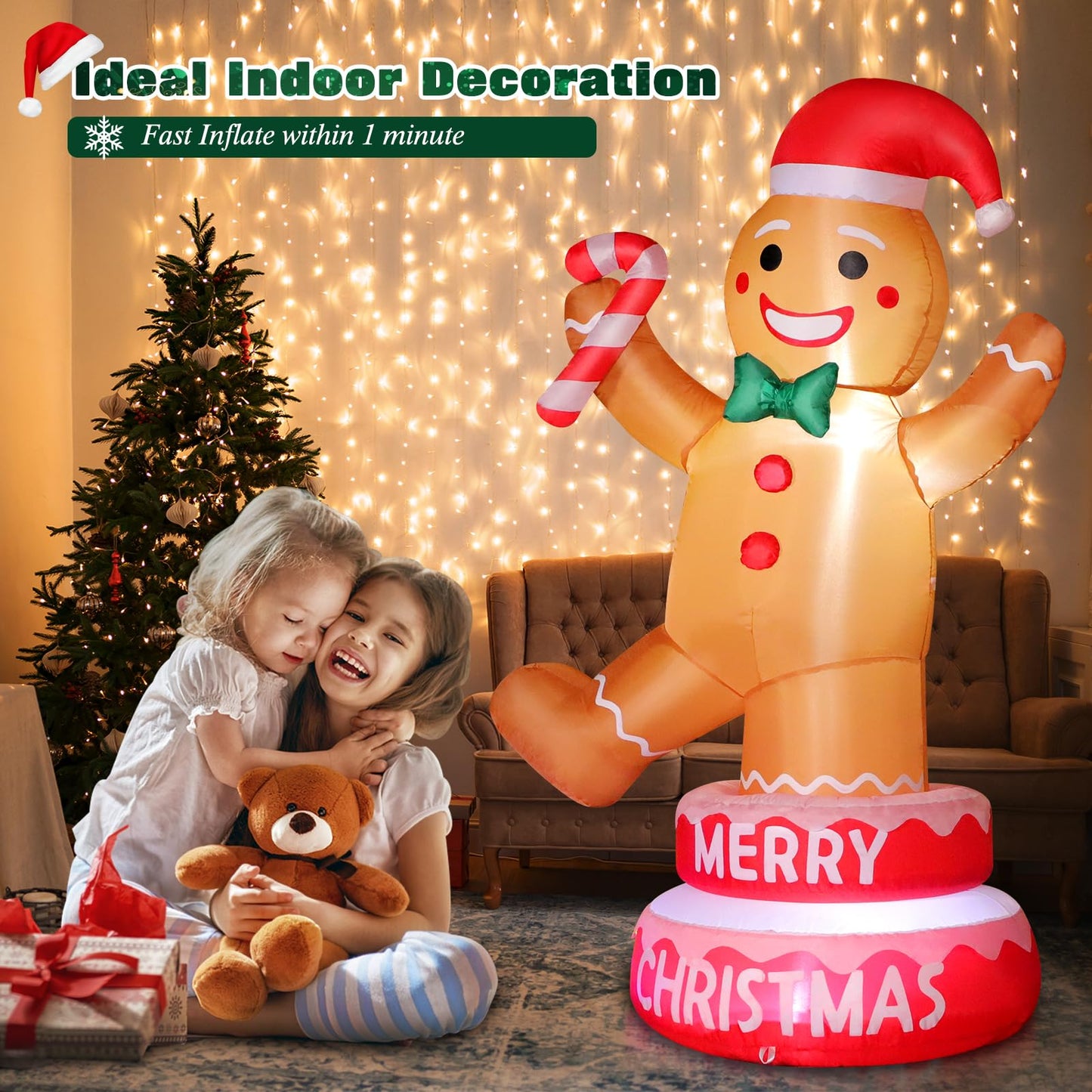 Thanger 5 FT Christmas Inflatable Outdoor Decorations Gingerbread Man with Xmas Hat, Blow up Gingerbread Man with Cane Candy, Built-in LED Lights for Lawn Yard Garden Holiday Indoor Home Party Decor