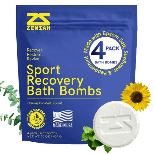 Zensah Sport Recovery Bath Bombs - Magnesium Epsom Salt for Soaking Sore Muscles, Christmas Stocking Stuffers, Made in USA with Essential Oils, Peppermint and Eucalyptus Relaxation for Athletes