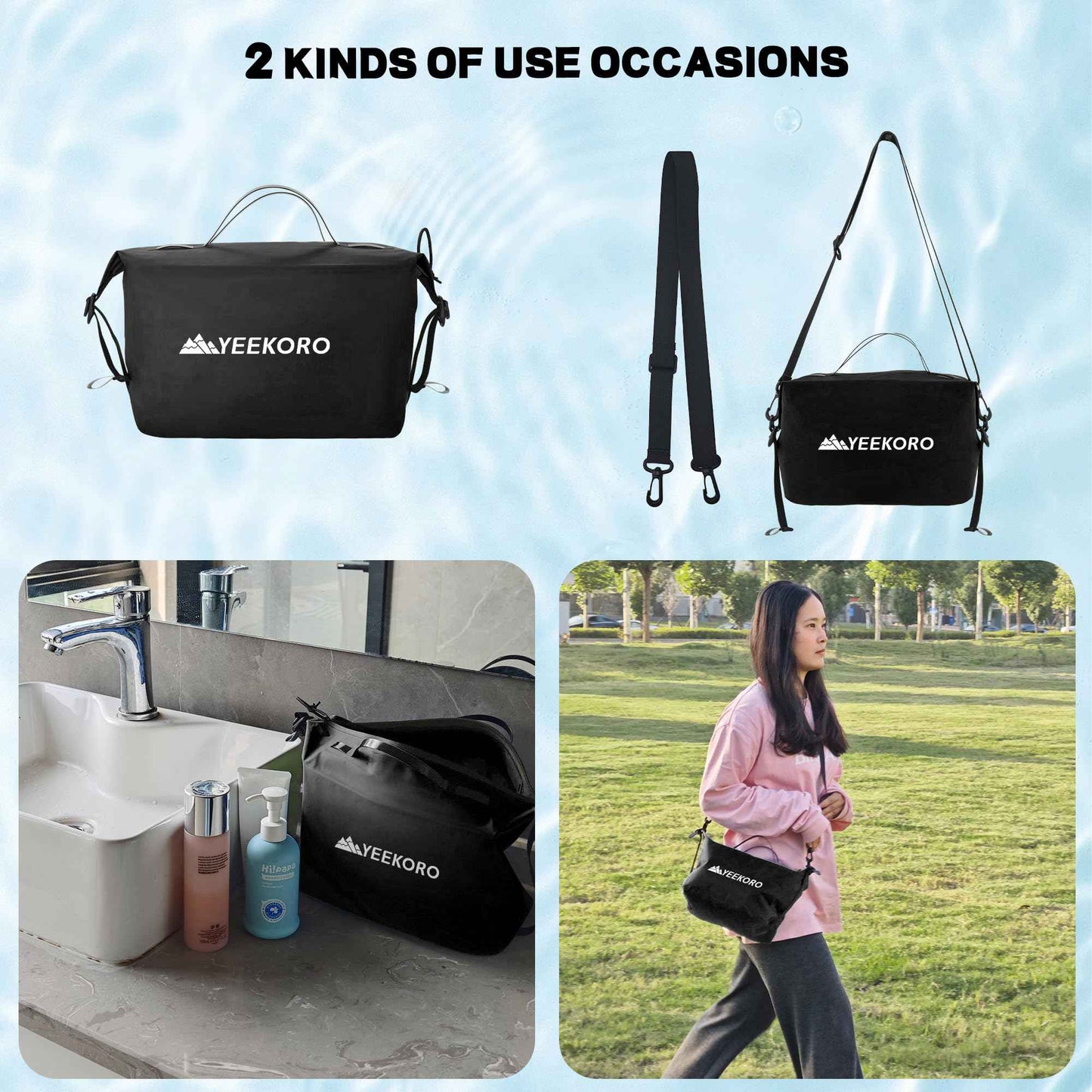 YEEKORO Waterproof Toiletry Bag for Travel, Zipper Styles, 40D Nylon Toiletry Organizer Bags with Shoulder Straps for Men Women, Travel Accessories（2 PACK,Black