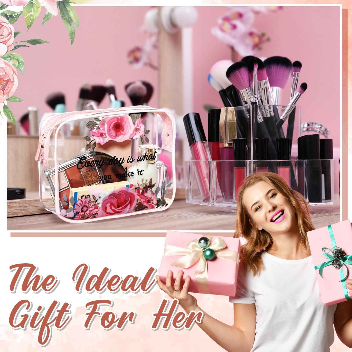 Kacctyen 12 Pcs Clear Makeup Bags Flower Bulk Inspirational Quotes Waterproof Portable with Toiletry Zipper Pink Clear PVC Travel Pouch Encouragement Quotes Bags Appreciation Gift for Mother Nurse