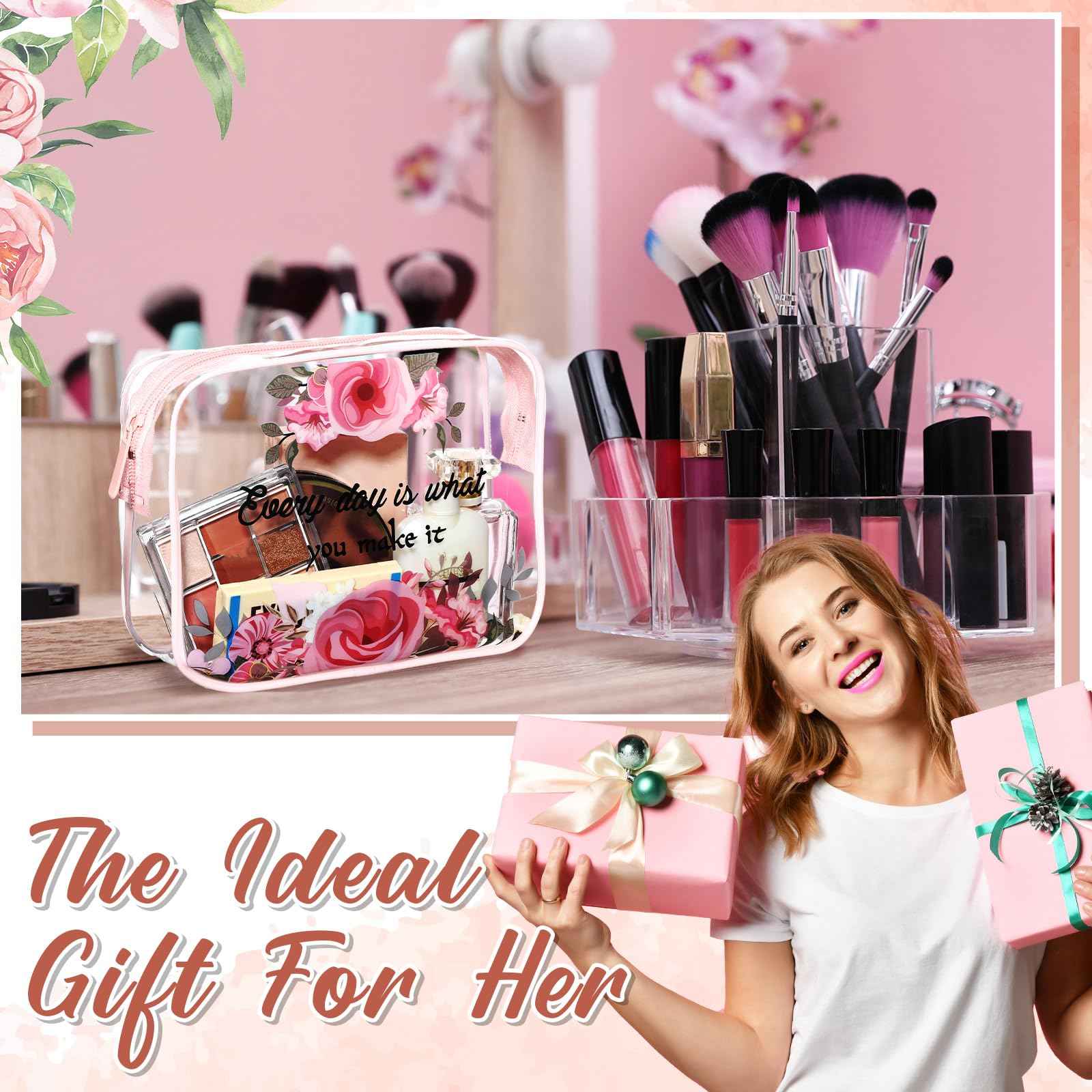 Kacctyen 12 Pcs Clear Makeup Bags Flower Bulk Inspirational Quotes Waterproof Portable with Toiletry Zipper Pink Clear PVC Travel Pouch Encouragement Quotes Bags Appreciation Gift for Mother Nurse
