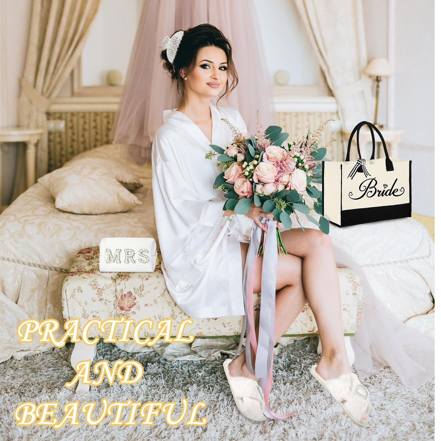 Tkifoda Bride to Be Gifts, Bridal Shower Gifts, Wedding Gifts, Bride Tote Bag Bride Makeup Bag Bride Robe Bride Slippers Bride Hair Clip I Do Slippers Wedding Robe Bride Cosmetic Bag