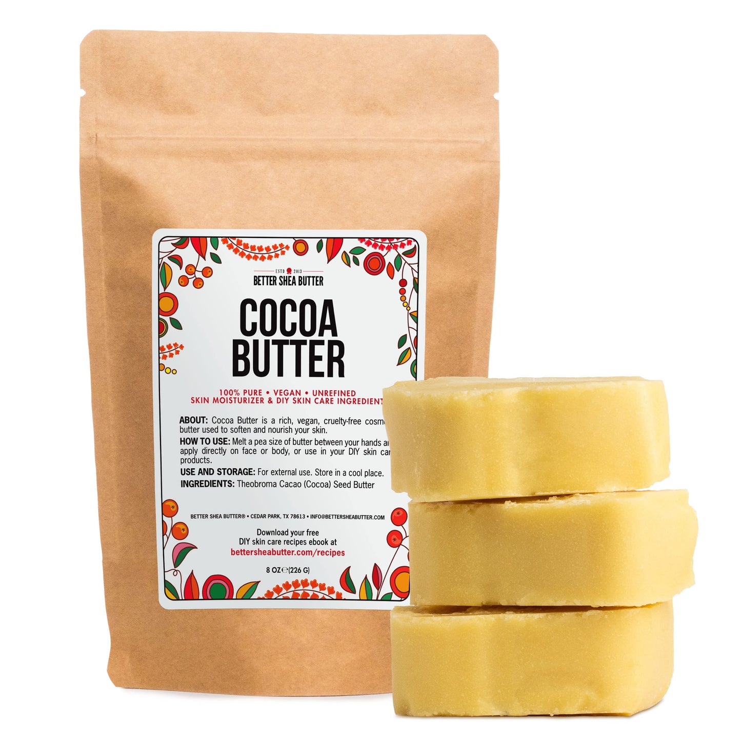 Better Shea Butter Cocoa Butter - 8 oz Block, Deeply Moisturizes Skin, Diminishes Scars, Stretch Marks, Soothes Dry Skin