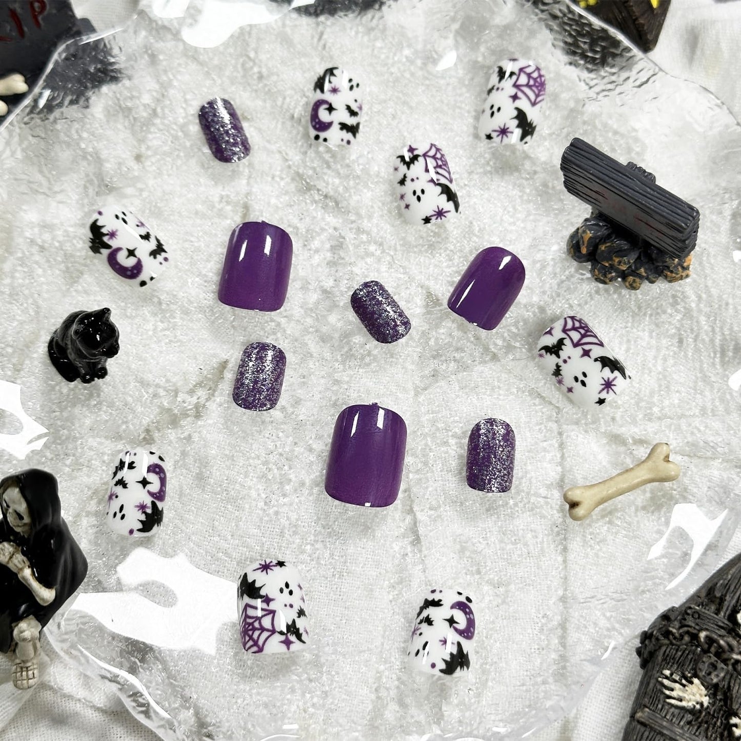 24Pcs Halloween Press on Nails Short Square Fake Nails with Purple Glitter Design Glossy False Nails Cute Halloween Nails Acrylic Nails Full Cover Glue on Nails Halloween Stick on Nails for Women