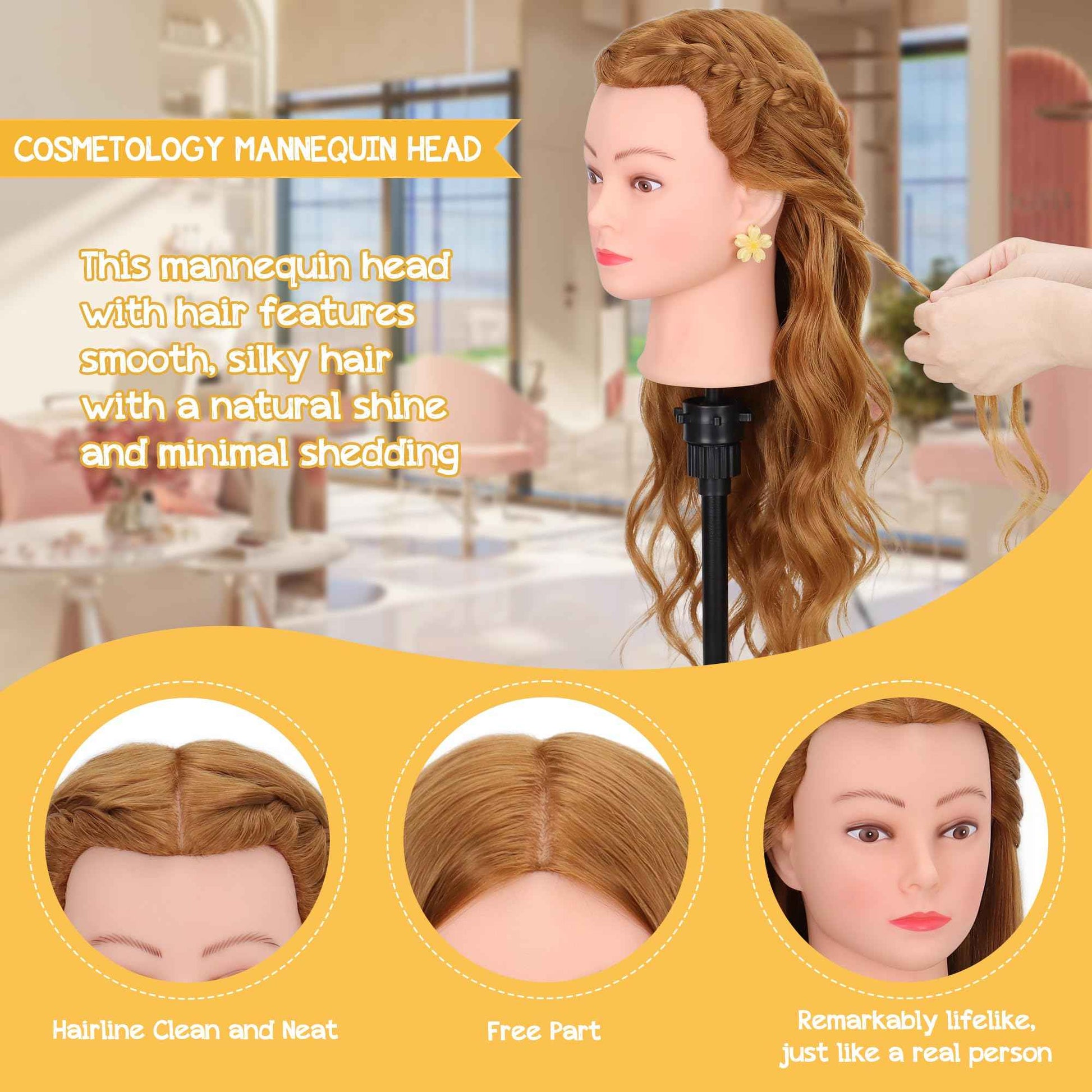 26-28’’ Mannequin Head with 80% Human Hair with Adjustable Tripod Stand, Cosmetology Doll Head for Braiding, Mannequin Head Human Hair for Hairdressers Practice Hairstyling with Tools
