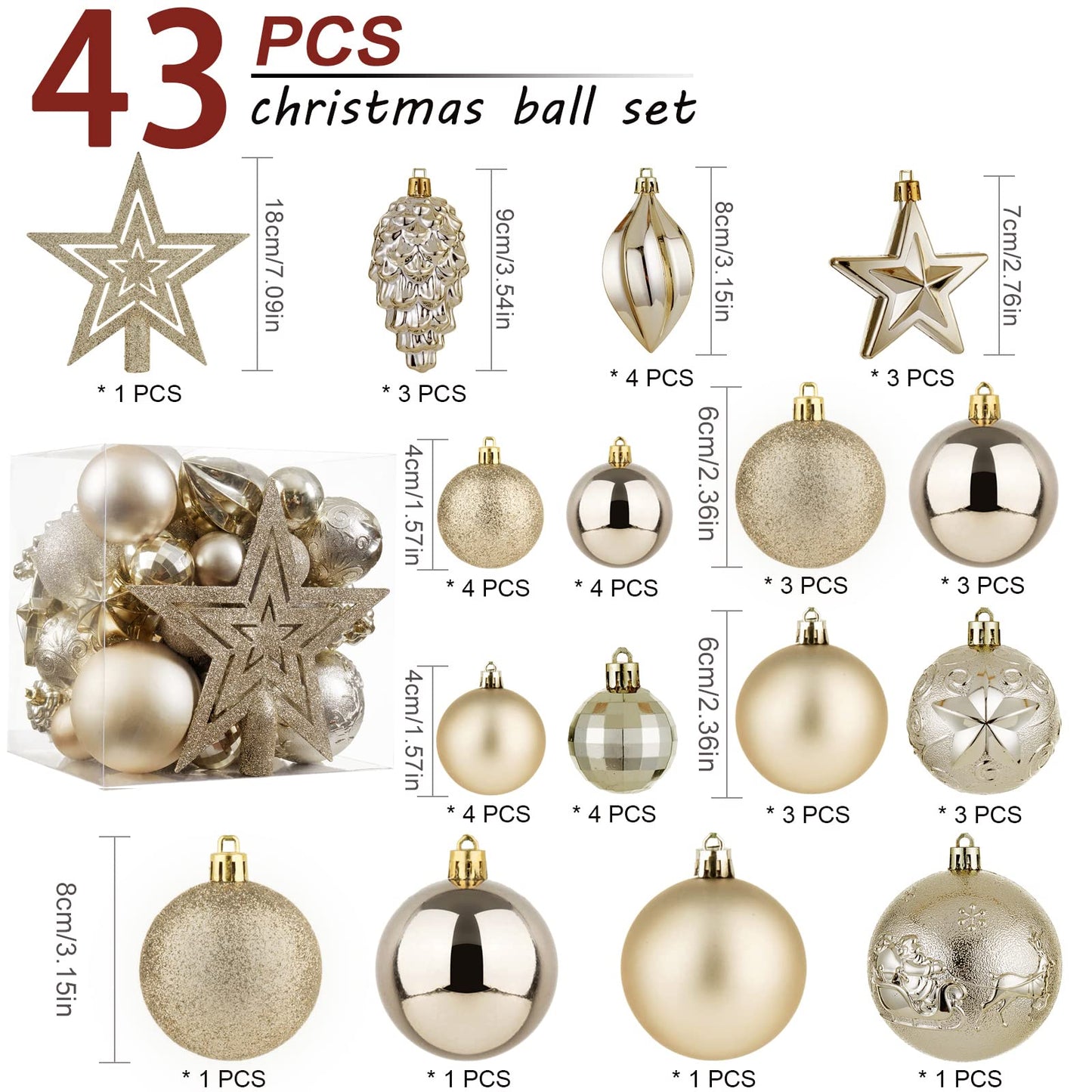 Christmas Ball Ornaments - 43pcs Shatterproof Christmas Tree Decorative Hanging Ornaments with Loop for Xmas Holiday Party Wreath Home Decoration, Champagne(Combo of 10 Ball and Shaped Styles)