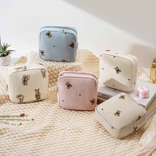 Cute Small Corduroy Zipper Makeup Bag, Mini Coquette Aesthetic Pouch with Bear Pattern for for Purse,Key Pocket Lipstick Bag Card Holder Data Cable Organizer for Women Girls (02Biege Bear)