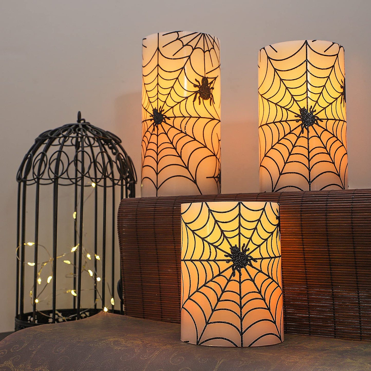 REVELBUNNY Halloween Flameless Candles, Spider Web Decal LED Flickering Candles with Remote Timer, Battery Operated Real Wax Pillar Candle for Halloween Home Party Spooky Decoration, Set of 3