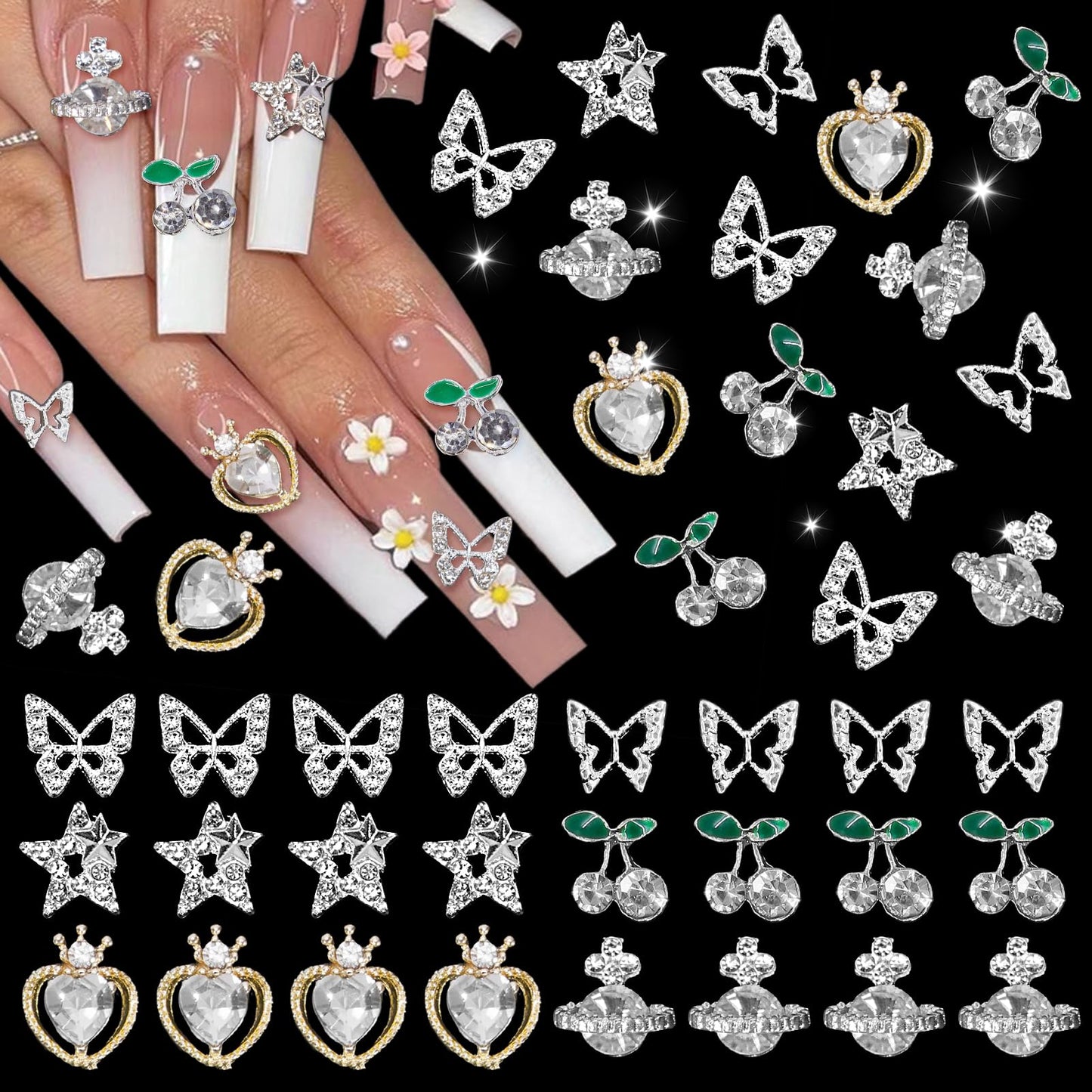 48 Pcs 3D Butterfly Nail Gems Charms, Silver 3D Planet Heart Cherry Nail Art Rhinestones Charms Shiny Butterfly Nail Diamond Crystal Charms for Nail Jewelry Making Crafts DIY Manicure Accessories