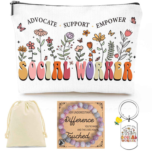 Falueqg Social Worker Appreciation Gifts - 3Pcs Social Worker Gifts for Women, Social Workers Canva Makeup Bag Keychain Bracelet for Social Worke Volunteer Nurse Teacher Graduation Christmas Gift