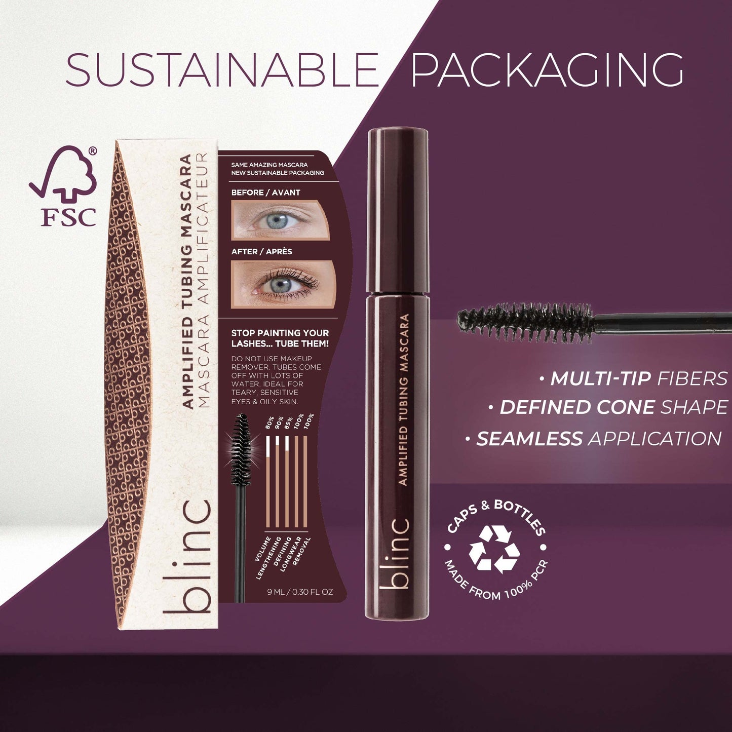 Blinc Amplified Tubing Mascara, Ultra-Longwearing Washable Mascara, Soft-Glam Volumizing, Lengthening and Defining Mascara, Gluten-Free and Cruelty-Free, Dark Brown, 9mL / 0.30 Fl. OZ