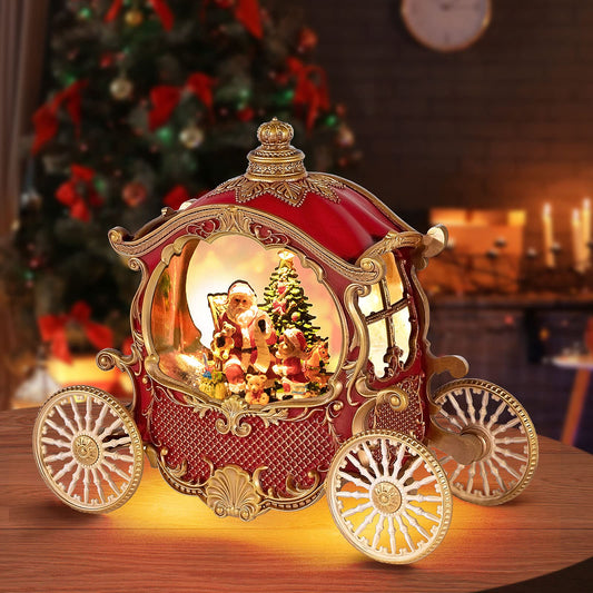 Christmas Snow Globes,Christmas Carriage Snow Globe with 8 Music & Timer, Battery Or USB Cable Powered Operated Glittering for Christmas Table Centerpiece Decoration.Santa,Christmas Tree