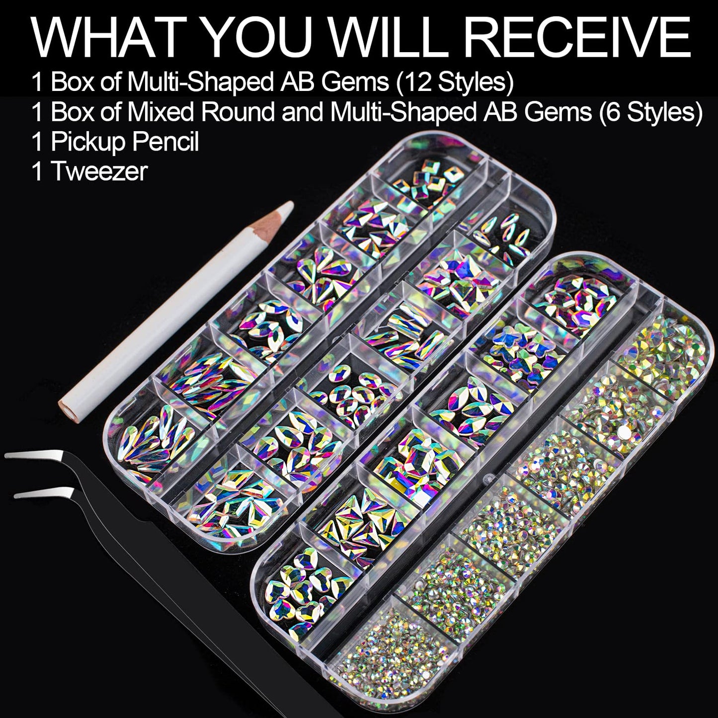 18 Styles Multi-Shaped Glass Gemstones for Nails and 6 Sizes Round Crystal Rhinestones Kit #1, Iridescent AB Nail Art Charm Bead Manicure Decoration with Pickup Pencil and Tweezer