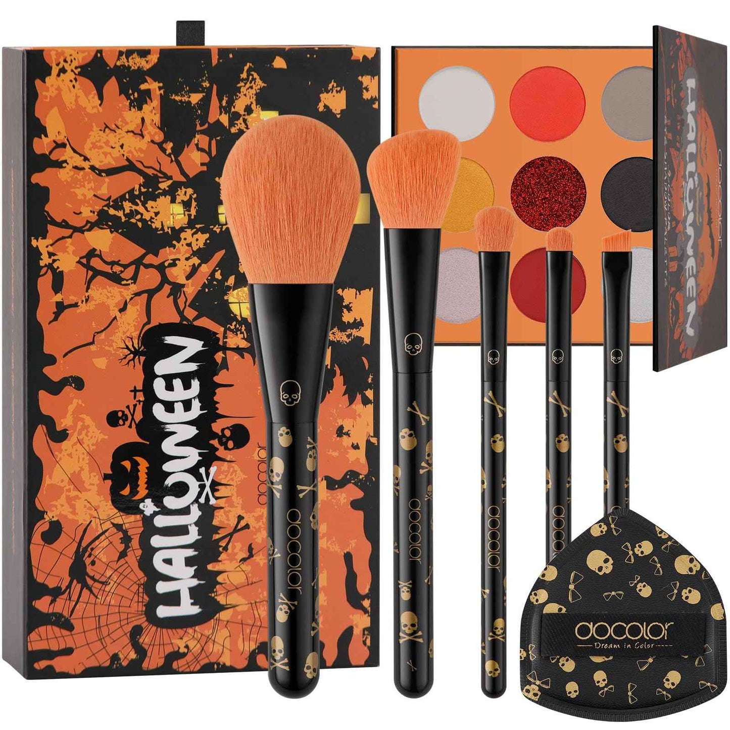 docolor Makeup Brush Set,5PCS Halloween Goth Makeup Brushes Powder Contour Eyeliner Brow Eyeshadow Brush Set with 9 Colors Halloween Eyeshadow Palette,1PC Makeup Sponge Puff&3PCS Halloween Scar Tattoo
