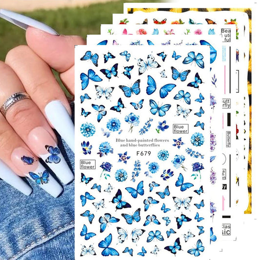 8 Sheets Butterfly Nail Art Stickers Decals, 3D Self-Adhesive Spring Summer Floral Flower Nail Decals Nails Supplies Butterfly Stickers for DIY Colorful Butterflies Nails Manicure Decor