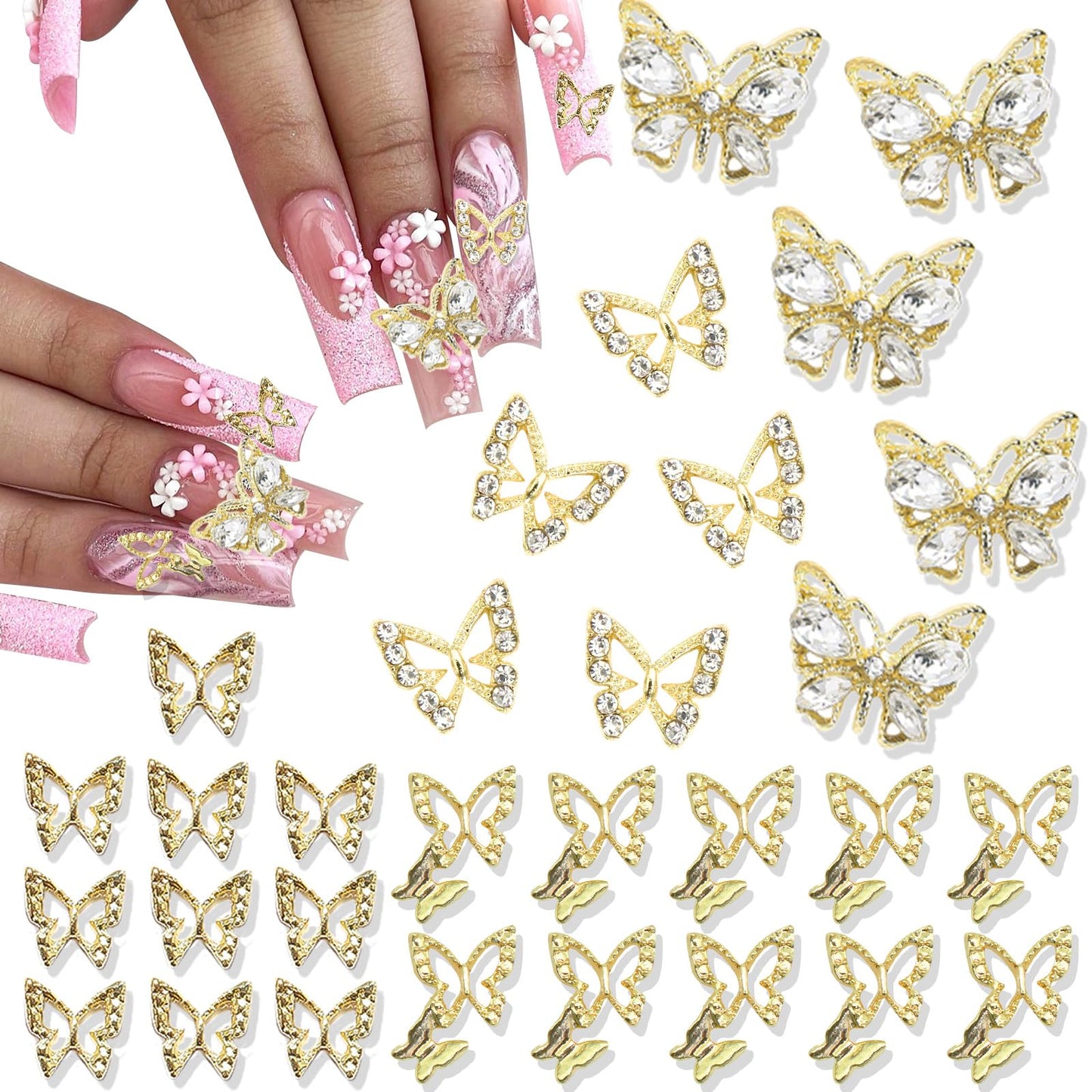 RODAKY 30PCS Butterfly Nail Charms Gold Butterflies Nail Art Jewelry 3D Butterfly Nail Gems Rhinestone for Nails Manicure DIY Accessories for Women and Girls