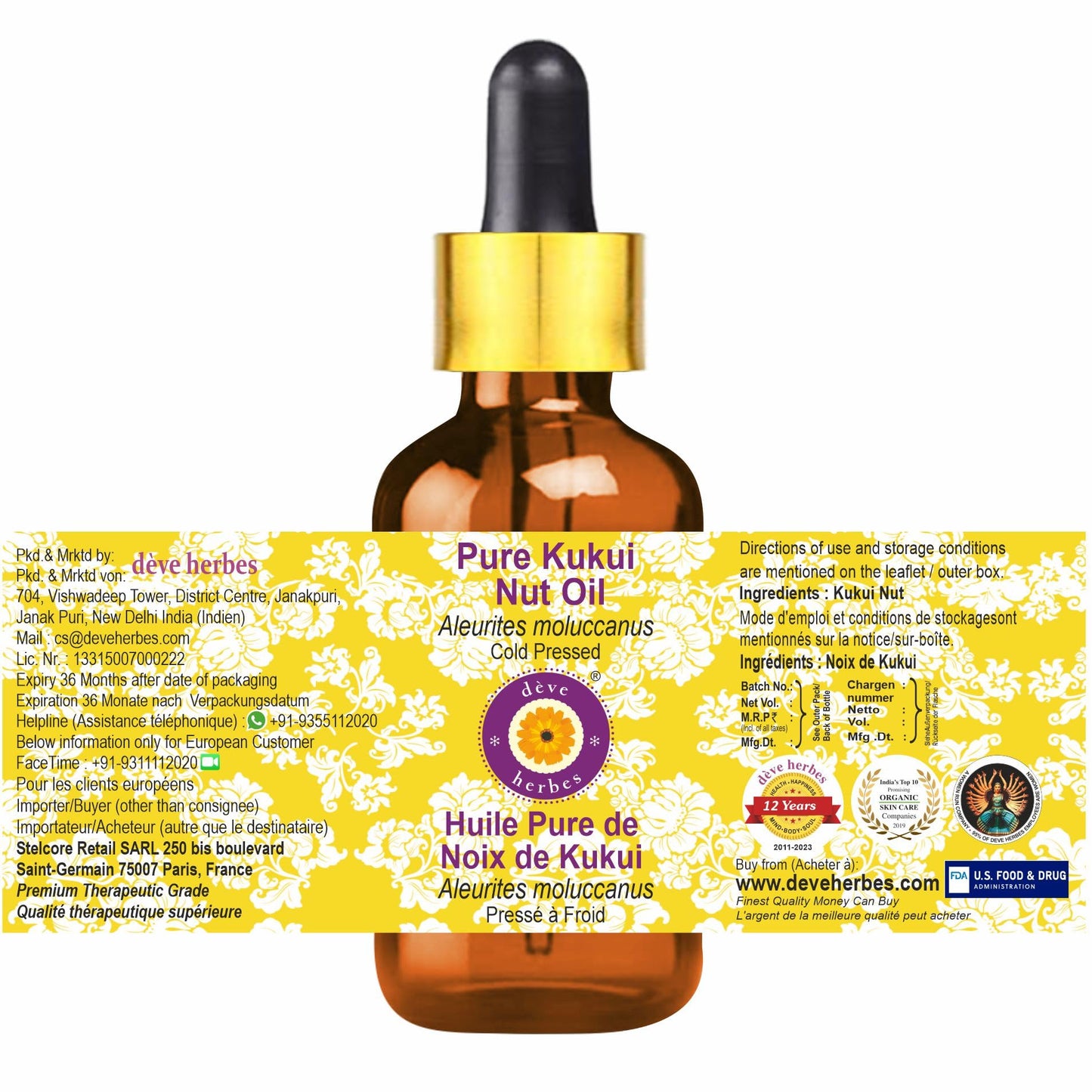 Deve Herbes Pure Kukui Nut Oil (Aleurites moluccanus) with Glass Dropper Natural Therapeutic Grade Cold Pressed 30ml (1 oz)