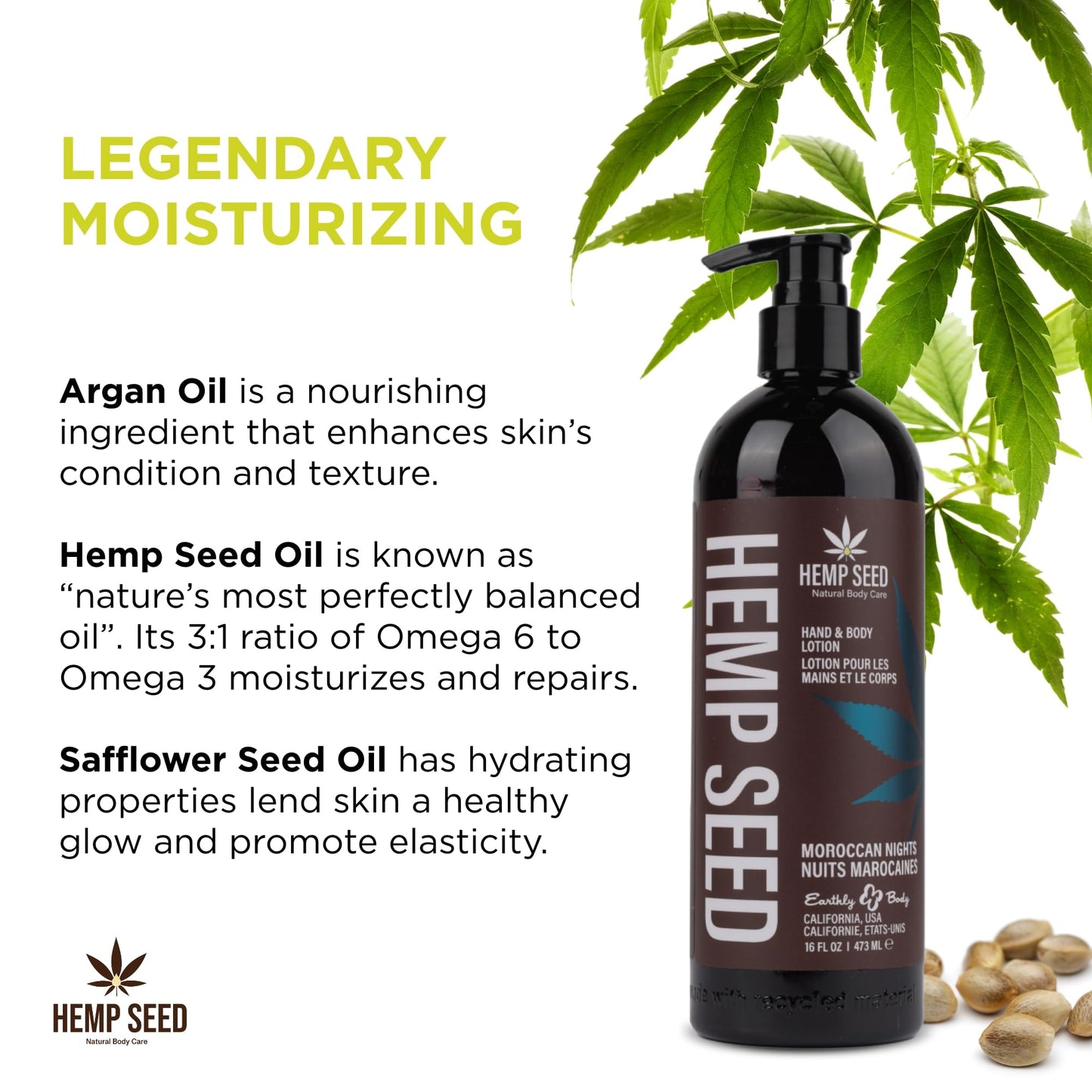 Hemp Seed Hand & Body Lotion, Moroccan Nights Scent - 16 oz. - Soothe Dry Skin - Argan Oil, Hemp Seed Oil - Light, Non-Greasy Formula - Vegan & Cruelty Free