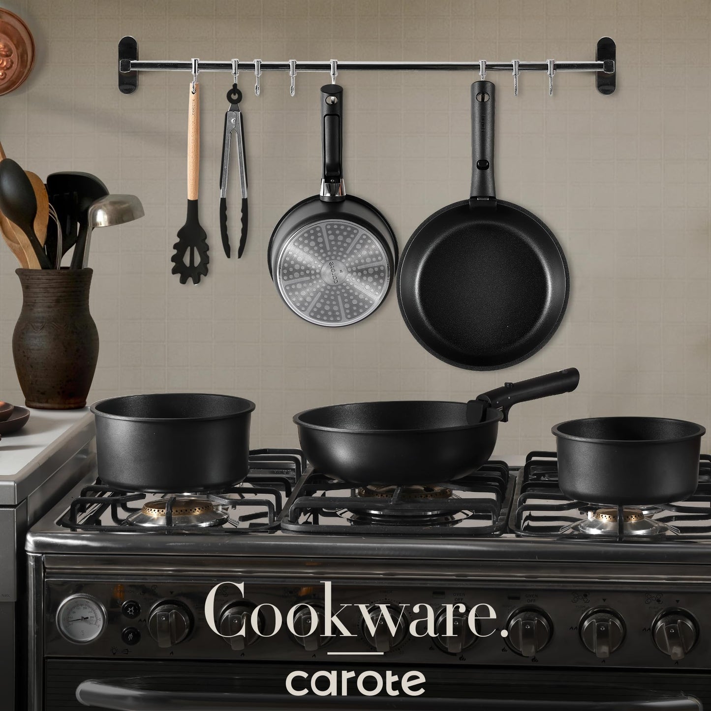 CAROTE 11pcs Pots and Pans Set Non Stick, Cookware Set Detachable Handle, Nonstick Induction Kitchen Cookware Sets Non Stick with Removable Handle, RV Cookware Set, Oven Safe Cookware Set, Black