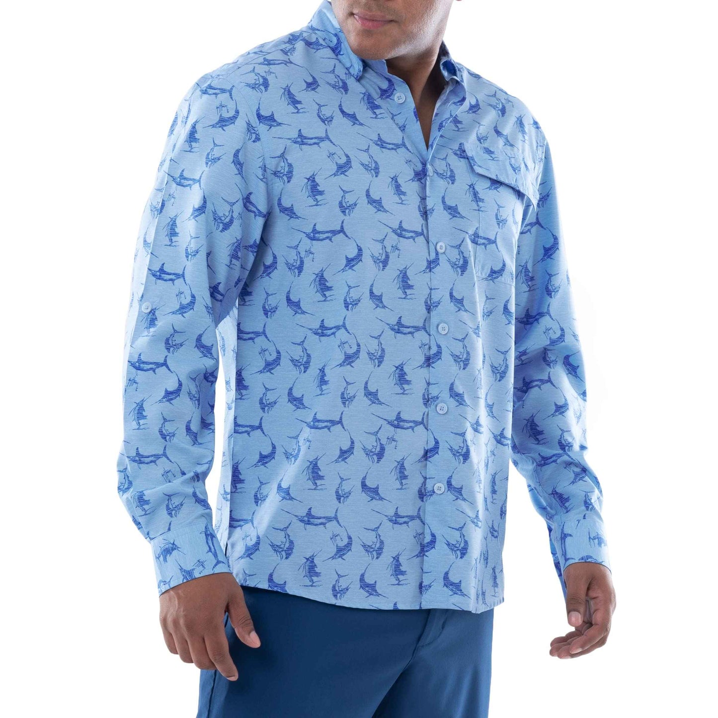 Guy Harvey Men's Long Sleeve Performance Fishing Shirt, Powder Blue, Large