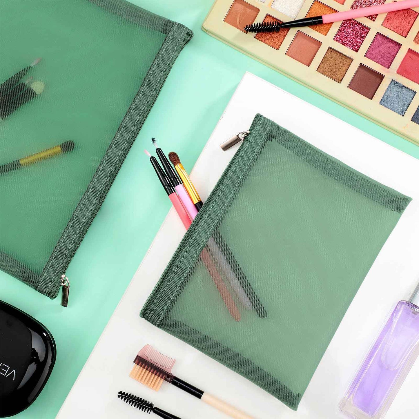 Boao 6 Pieces Mesh Makeup Bags Mesh Cosmetic Bag Portable Travel Organizing Zipper Pouch Toiletries Makeup Pouches for Home Office Travel Accessories(Green)