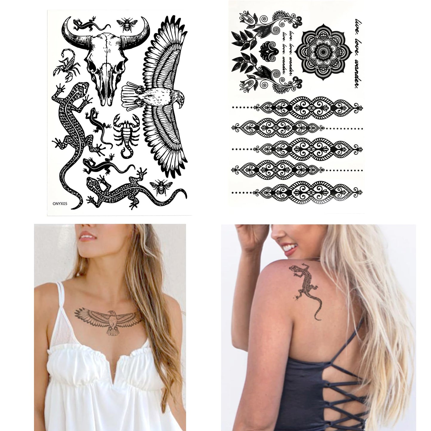 Temporary Tattoos for Adult Women - 2 Sheets Hawk lizard Gecko Bug Scorpion Skull Cow Buffalo Bison Adults Tattoo