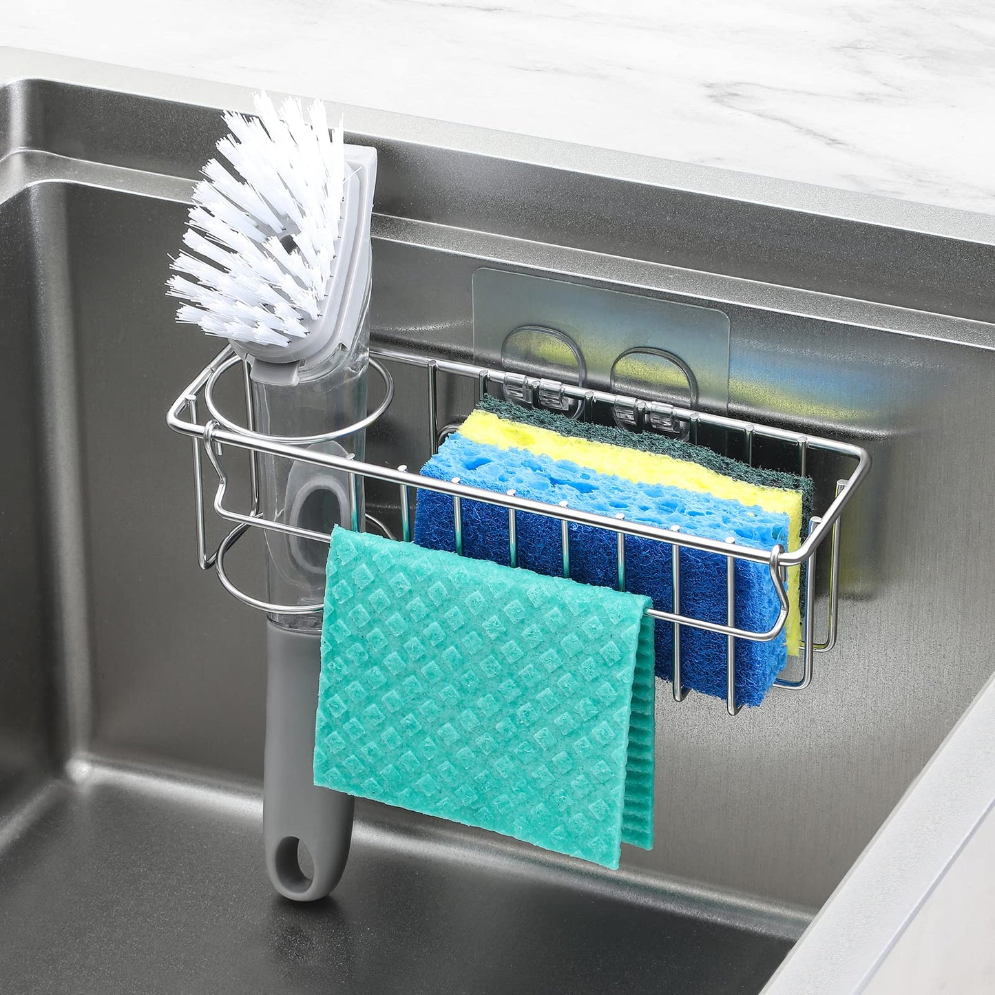 3-In-1 Sponge Holder for Kitchen Sink with Suction Cups & Adhesive Hook , In Sink Sponge Holder, Wall Hanging Sink Caddy Organizer Rack - Sponge, Dish Cloth, Brush, Scrubber - 304 Stainless Steel