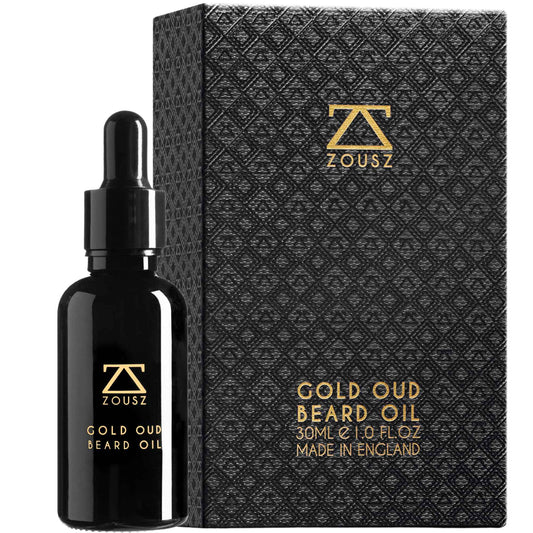 ZOUSZ Gold Oud Beard Oil for Men – Premium Beard Growth & Conditioning Oil with Argan & Organic Oils – Softens, Strengthens & Moisturizes – Non-Greasy Vegan Grooming Gift – 30ml