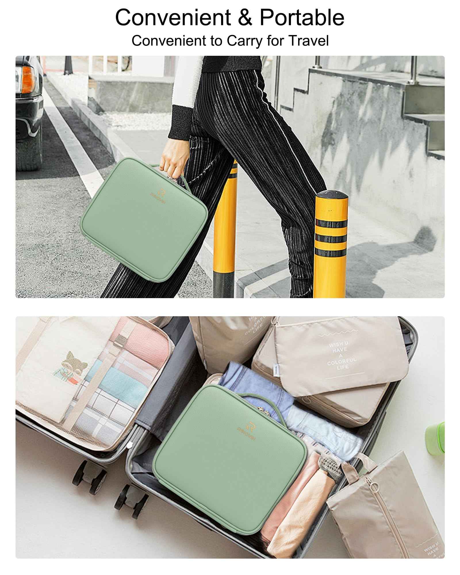 Relavel Makeup Bag With Light Up Mirror, Travel Cosmetic Case With Brush Organizer Storage Box, Rechargeable Vanity With 3 Color Lights, High Frame Protection (Green)