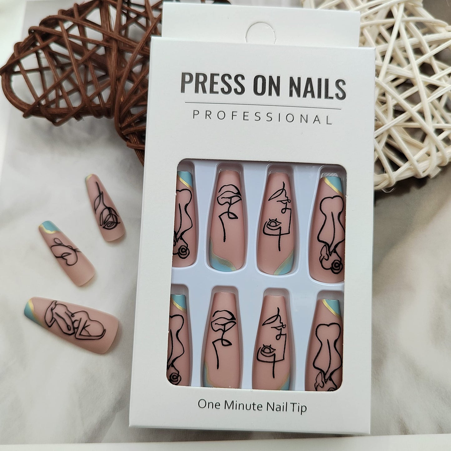 Nude Press on Nails Long Coffin False Nails with Pattern Design French Tip Full Cover Stick on Nails Matte Fake Nails for Women Girls Pretty Artificial Acrylic Nails Kit 24pcs